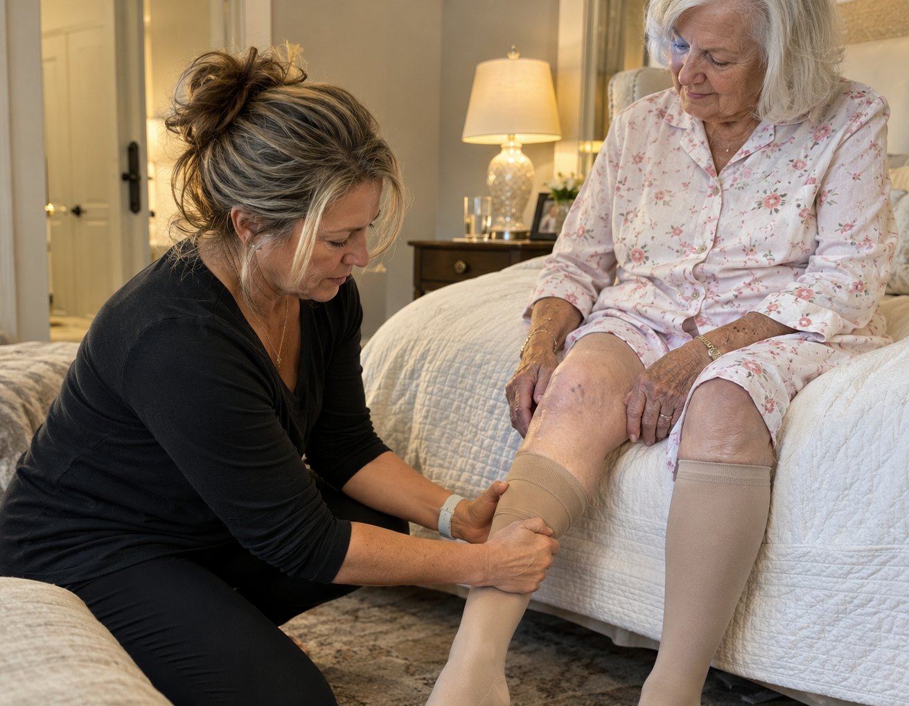 A caregiver kneeling beside an older woman seated on the edge of a bed, helping her put on a stocking